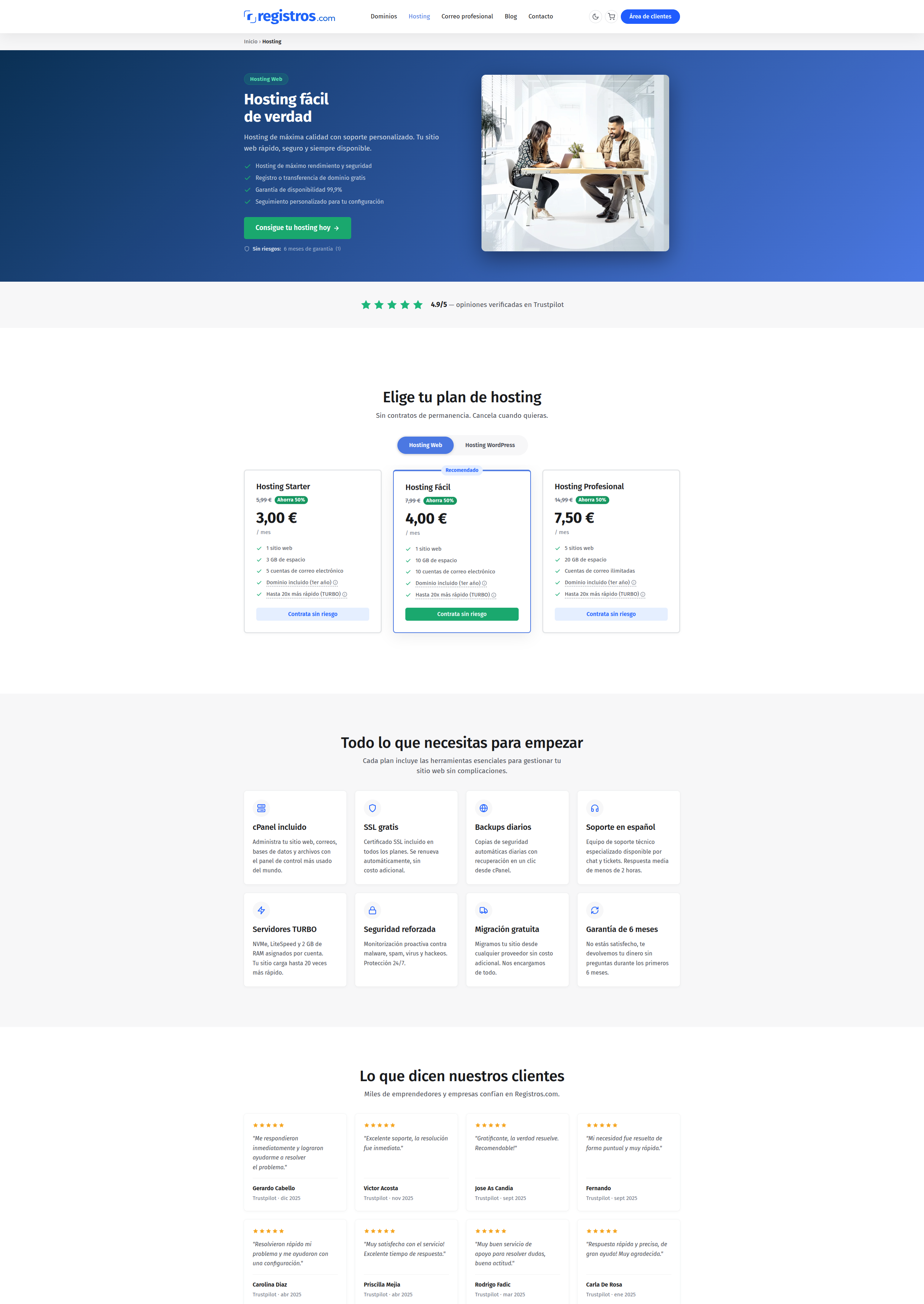 Registros.com product landing page